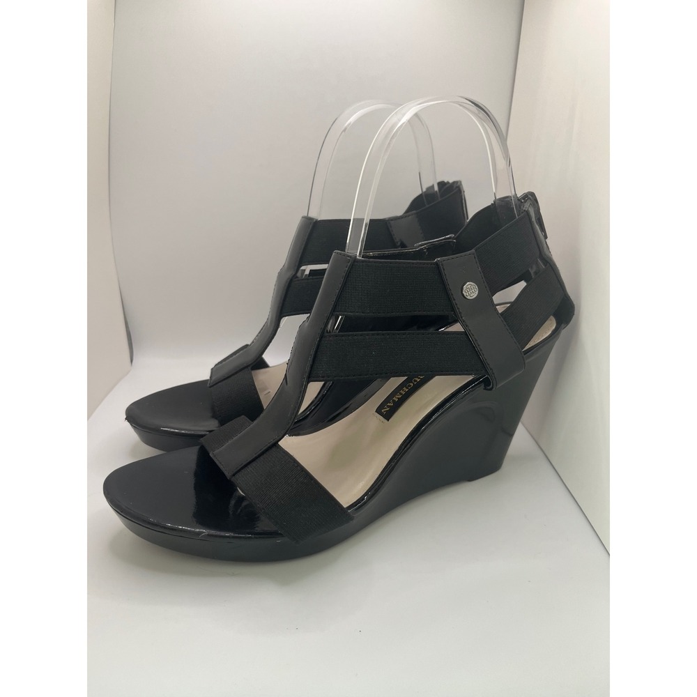 Dana Buchman Simone Patent Elastic TStrap Wedge Sandal Women 8.5 Black Gladiator